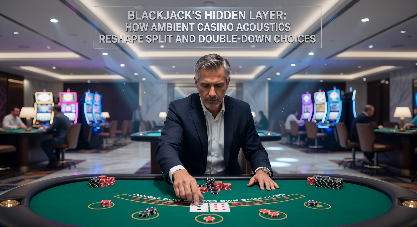 Close-up of blackjack table with players considering split and double-down options amid surrounding casino sounds