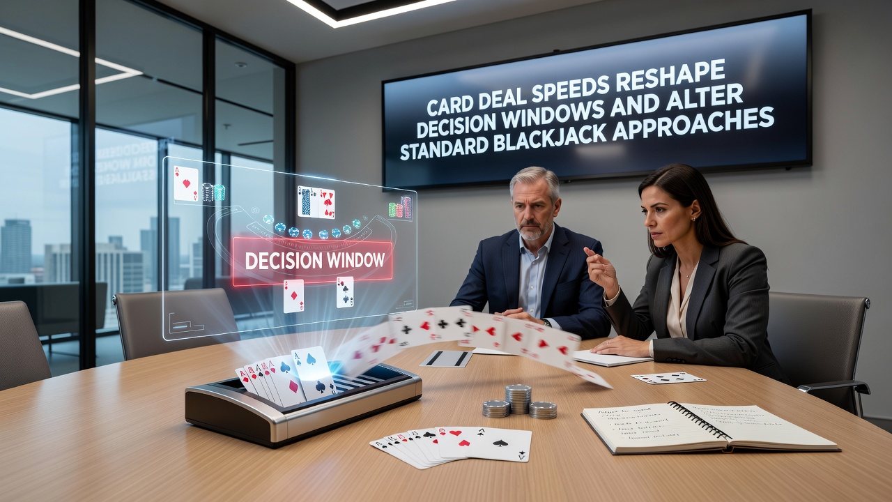 Close-up view of blackjack cards and chips with a dealer’s hands moving swiftly across the felt