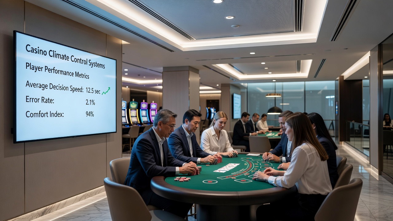 Blackjack table with overhead air vents directing conditioned airflow across player seating area
