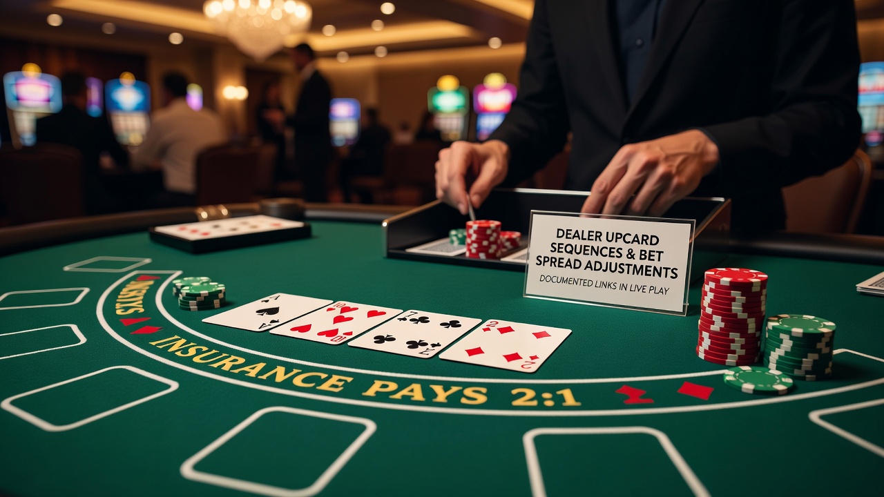 Close-up of blackjack betting circles with varying chip stacks indicating spread adjustments