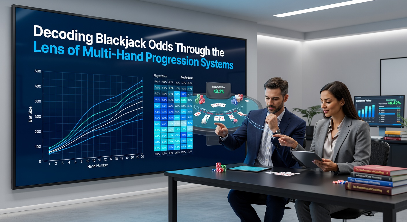 Blackjack table setup showing multiple hands in progression betting scenario