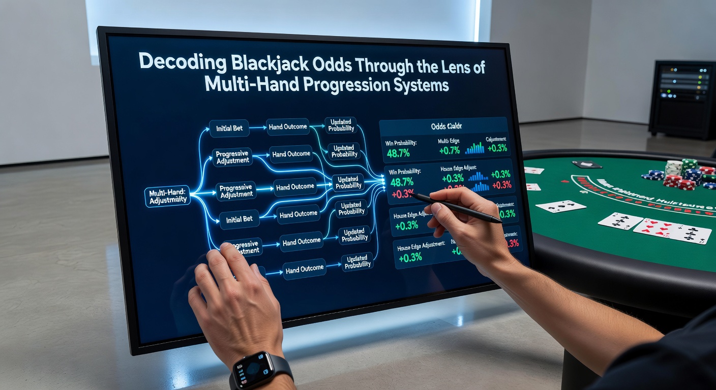Close-up view of blackjack chips arranged for multi-hand progression betting