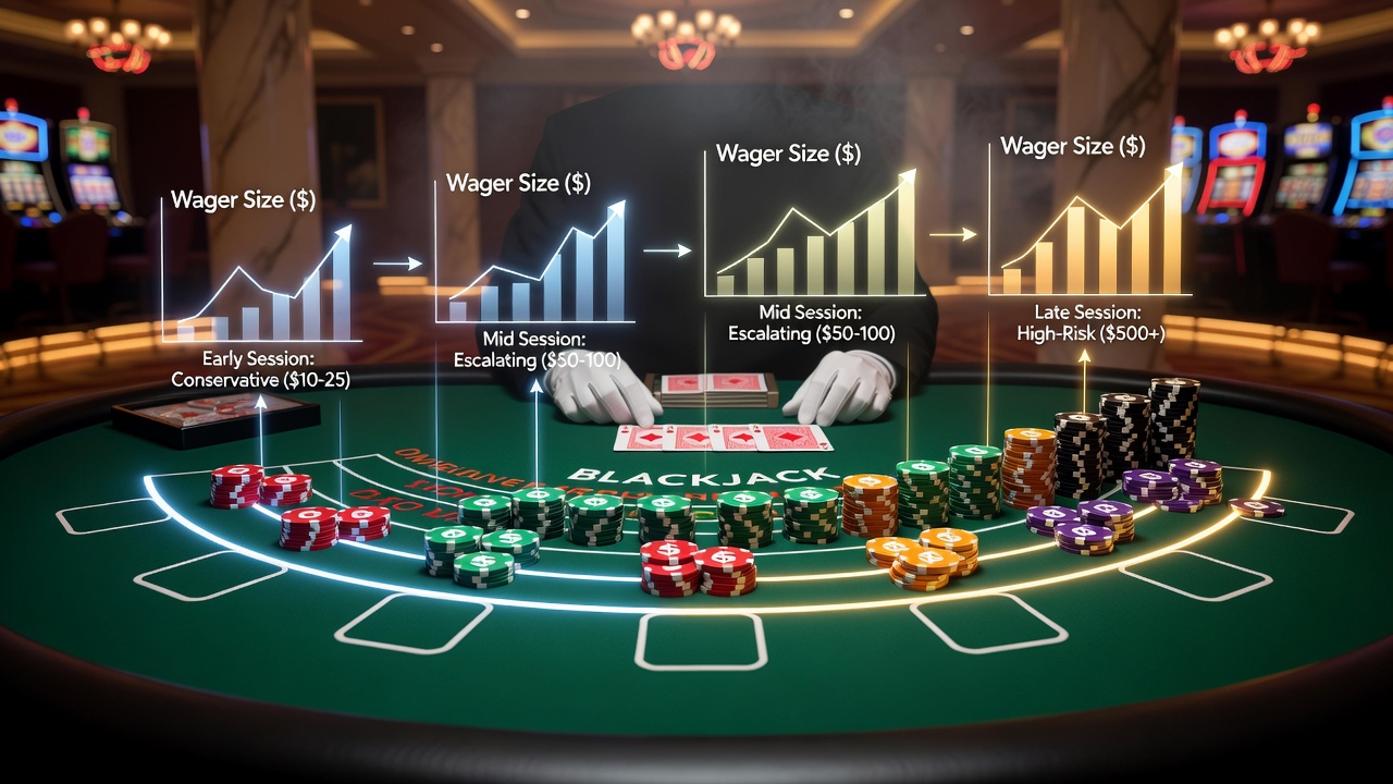 Blackjack table showing lighting transition from bright dealer area to softer gradient near player positions