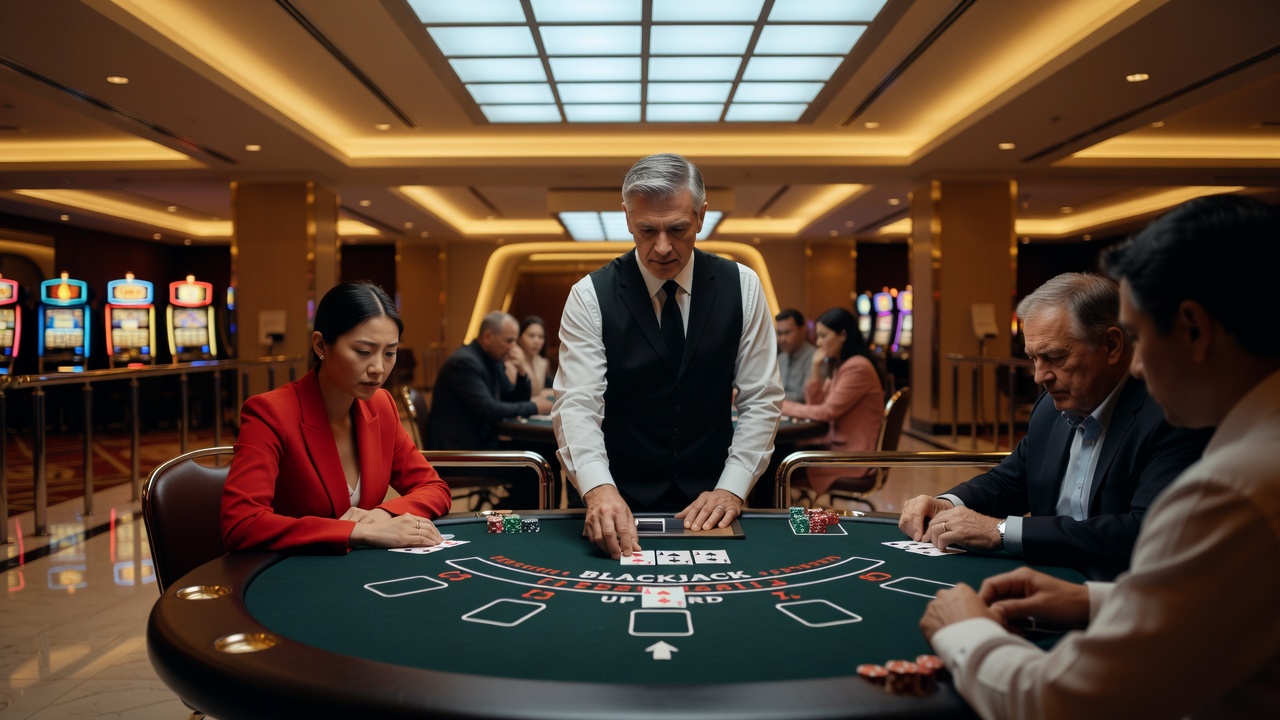 Close-up view of blackjack table under mixed lighting showing dealer upcard and player sight lines