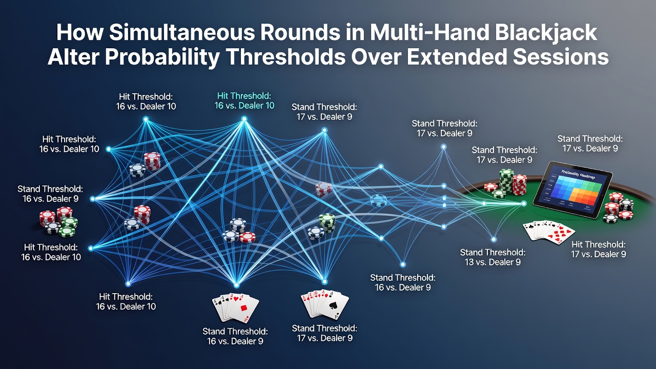 Blackjack table setup showing multiple hands dealt simultaneously from a single shoe during extended play