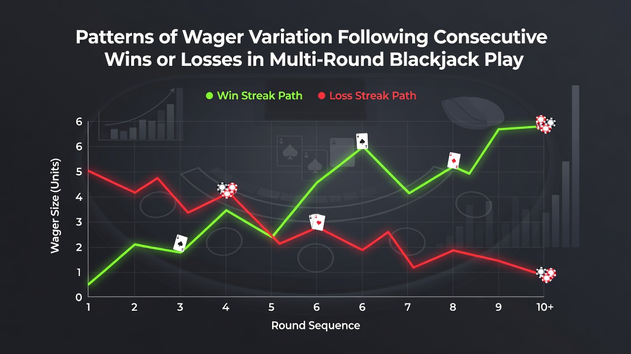 Blackjack table with chips showing varied bet sizes during multi-round play