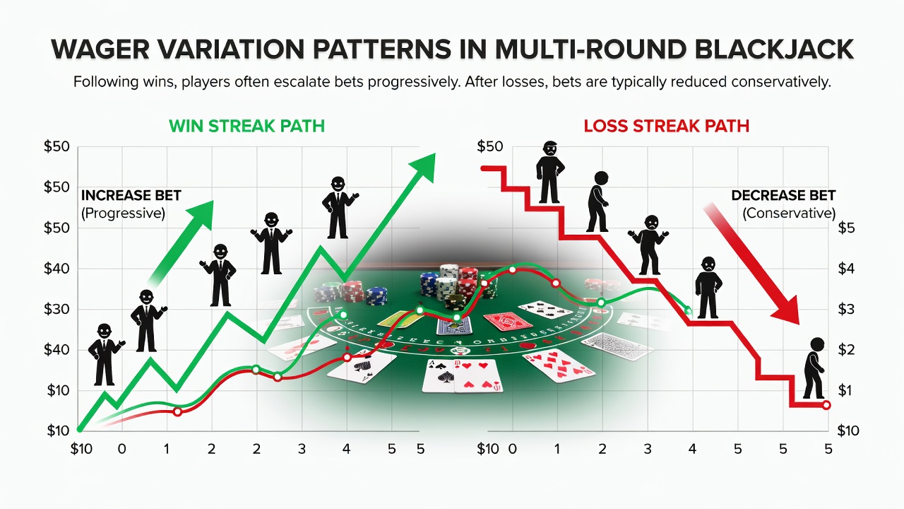 Detailed view of blackjack betting circles and chip stacks illustrating wager changes
