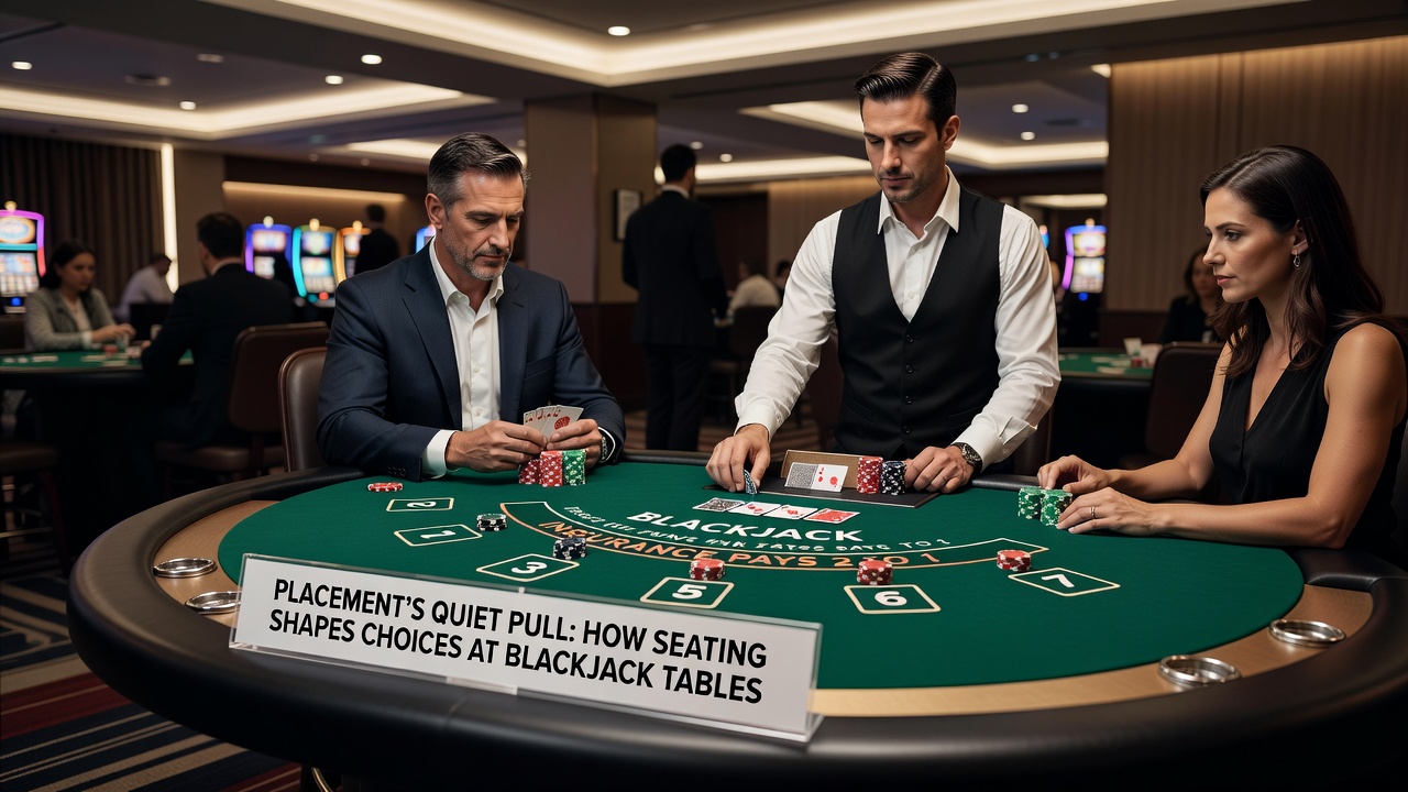 Close-up view of blackjack players at different table positions making decisions with cards and chips visible
