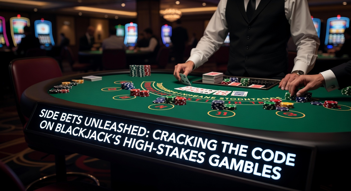 Blackjack table with colorful side bet options lit up, showing high-stakes action in a bustling casino