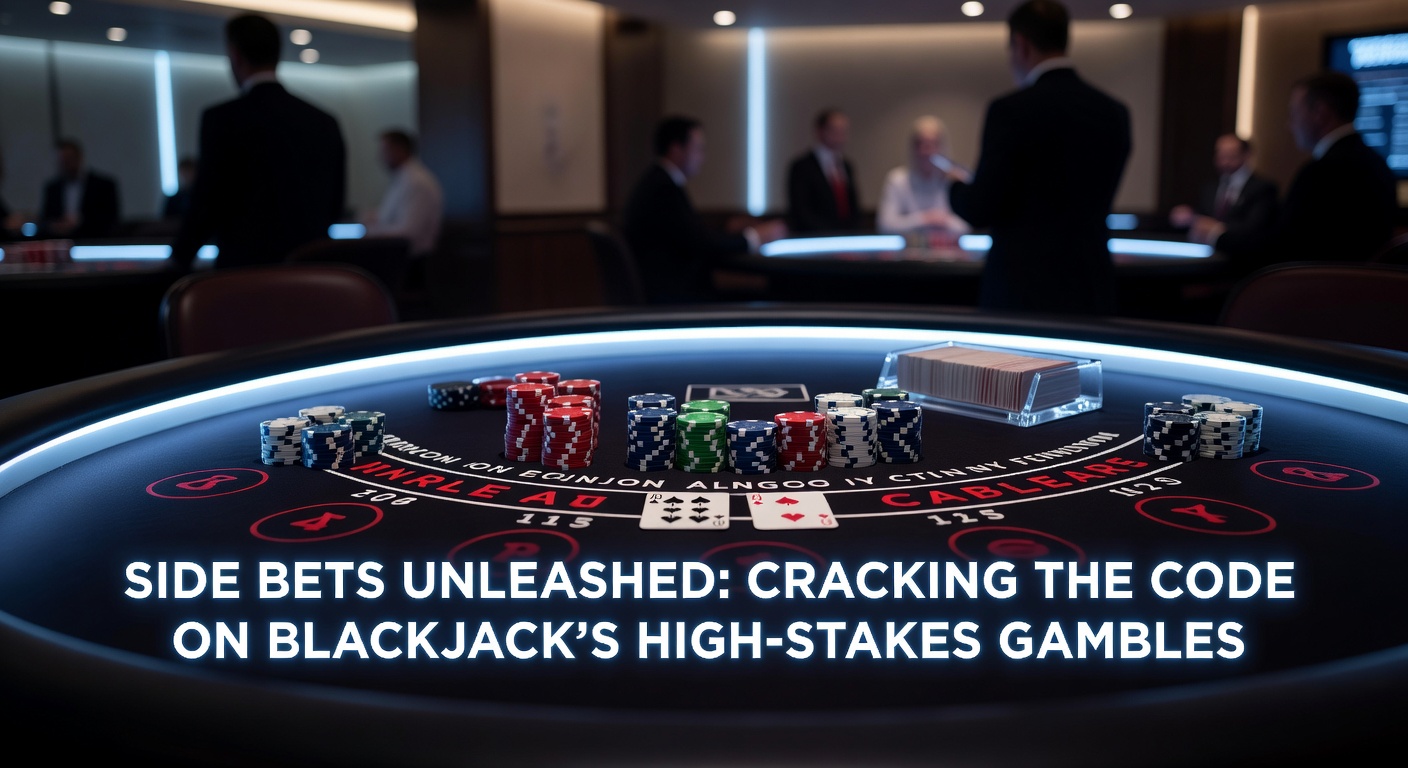 Close-up of a blackjack side bet payout chart on a casino table, highlighting Perfect Pairs and 21+3 options with neon lights