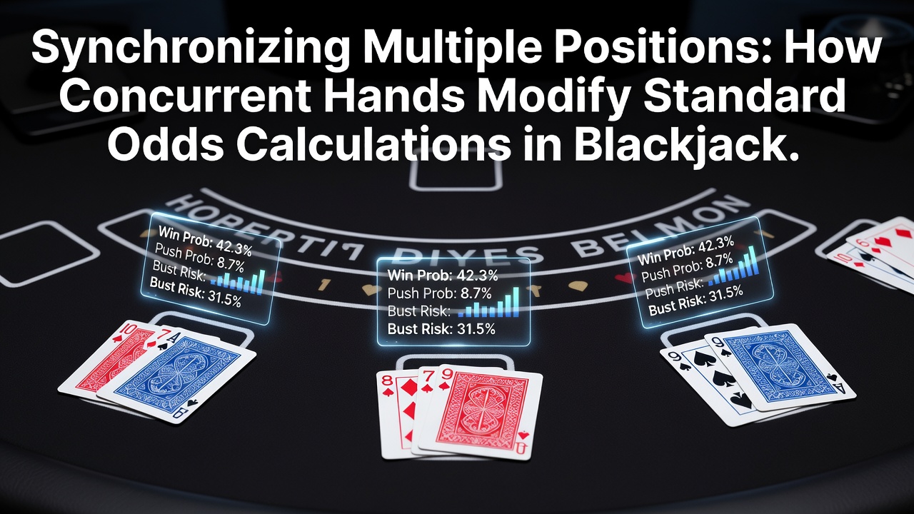 Blackjack table setup showing multiple player positions with concurrent hands dealt from a shared shoe